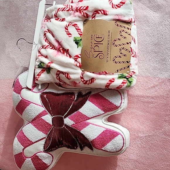 Sugar & Spice Candy Cane Blanket Sequin Pillow Set Coquette Pink Christmas New